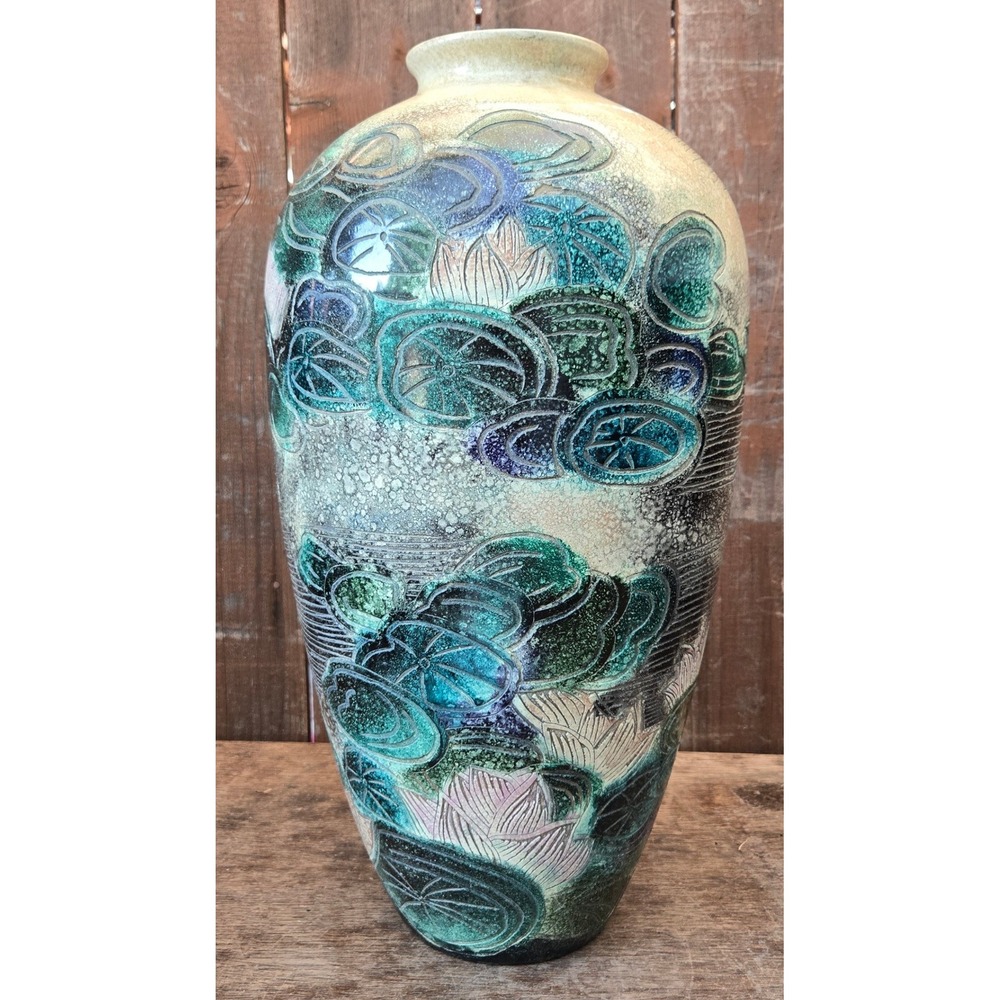 19" Ceramic Vase Incised Lotus Lily Pad Teal Green Blue Speckled Glaze Asian